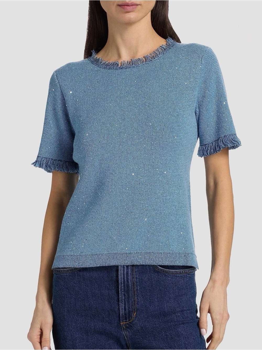 NWT Kobi Halperin Fringe-Trim Short Sleeve Knit Top with Silver Sequins in Blue